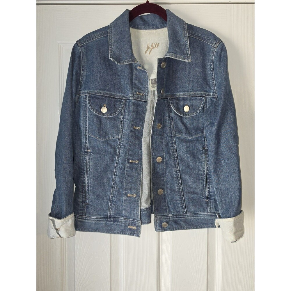 J Jill Jean Jacket Womens Small Blue Denim Stretch Lace Cuff Lined Casual